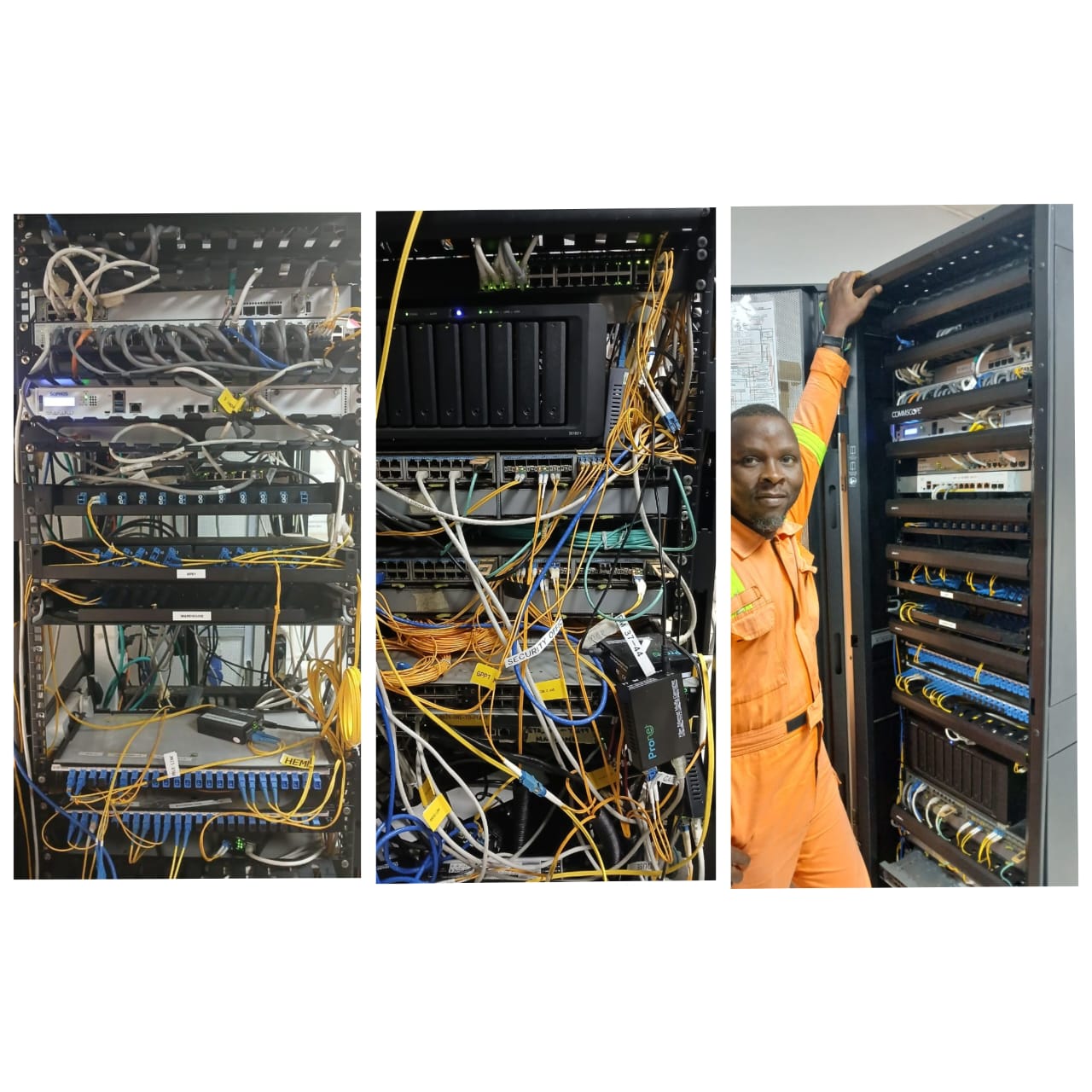 Before and after fiber rack organization showing improved patch panel layout and cable discipline