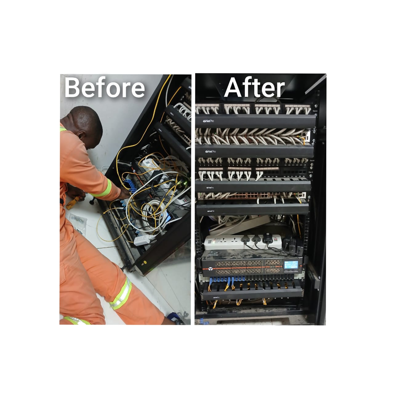 Before and after comparison of organized network rack with improved cable management and equipment layout