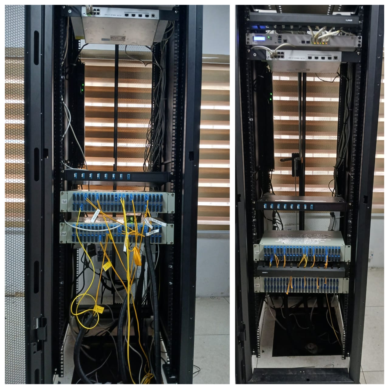 Before and after main rack cleanup showing improved structure, cable order, and maintainability
